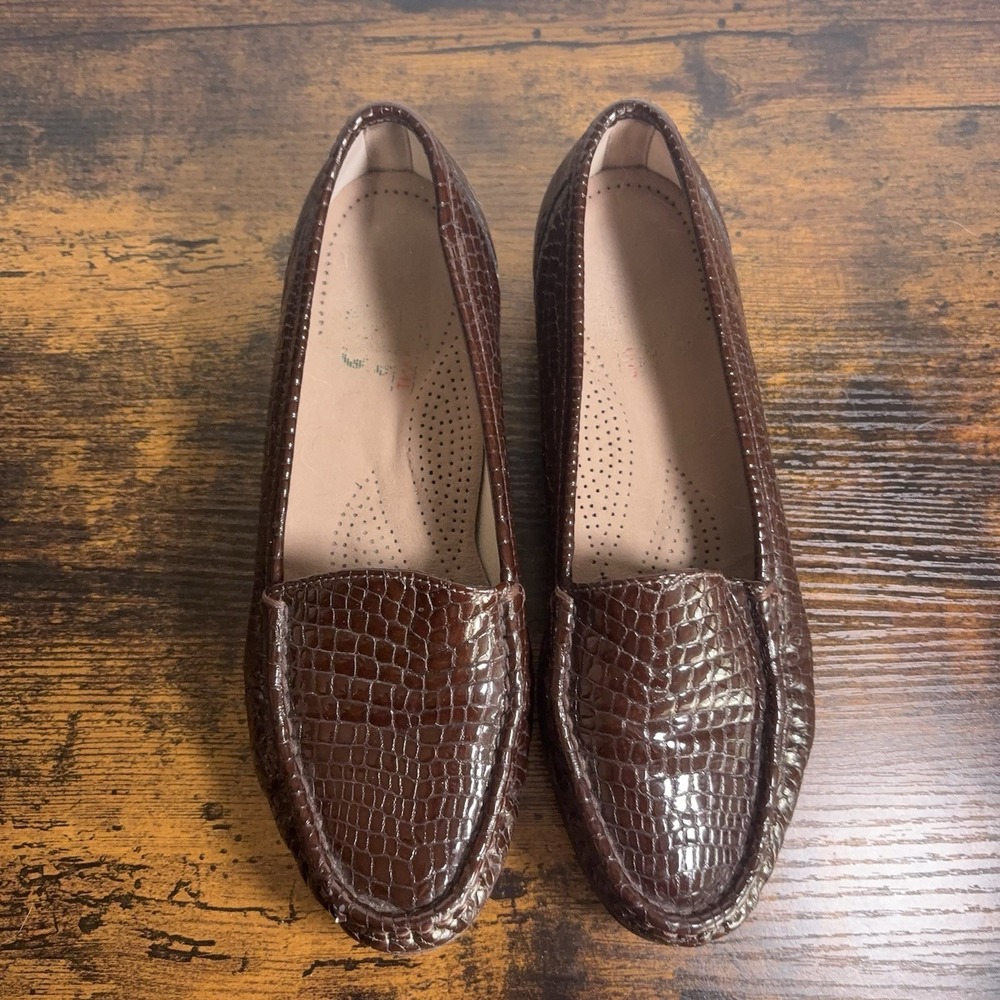 SAS Simplify Everyday Loafer Womens Sz 8.5 M Brown‎ Leather Croc Comfort Cushion